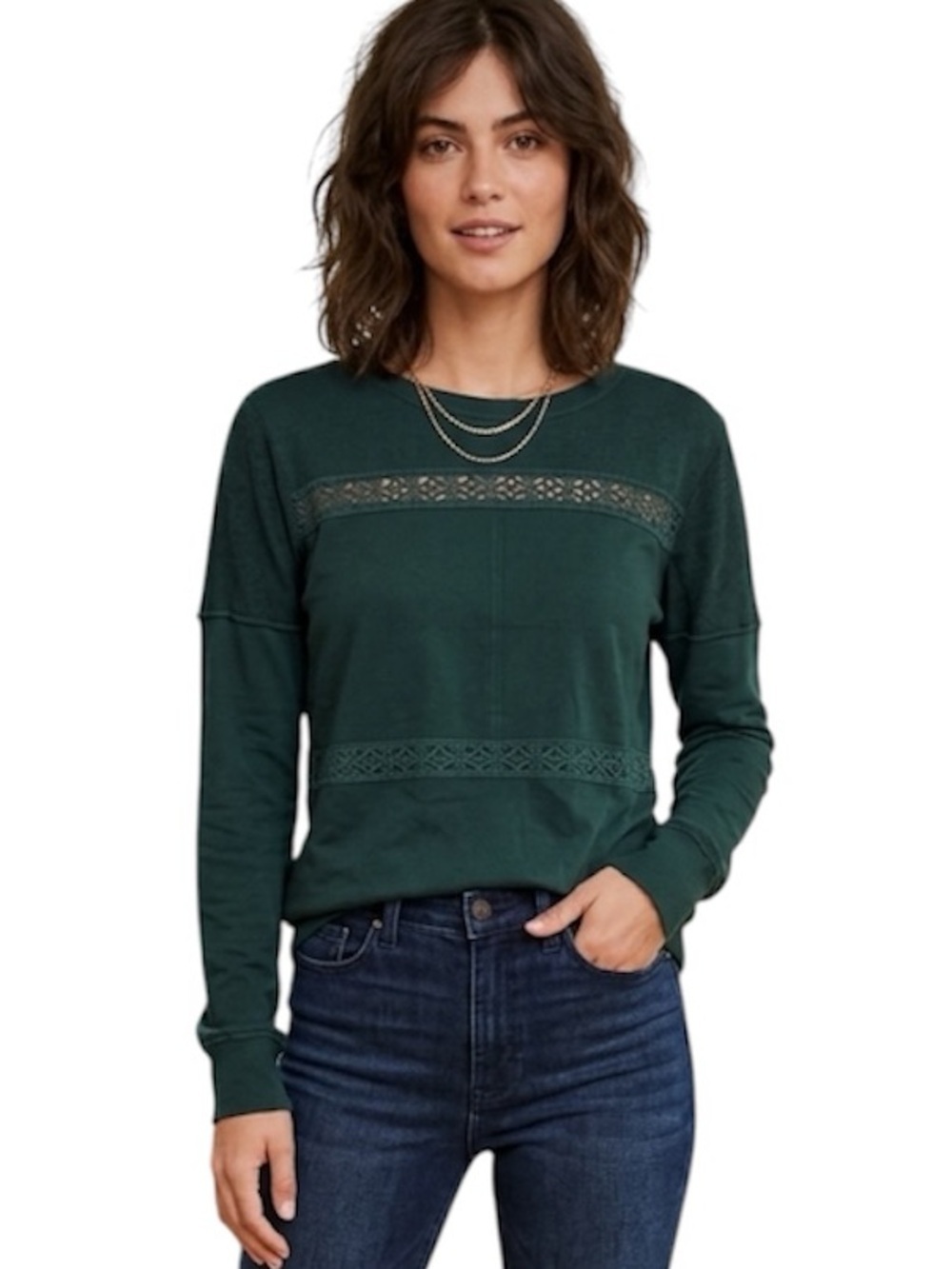 Knox Rose Woodland Green Lace Sweatshirt Medium Boho Crochet Pullover
